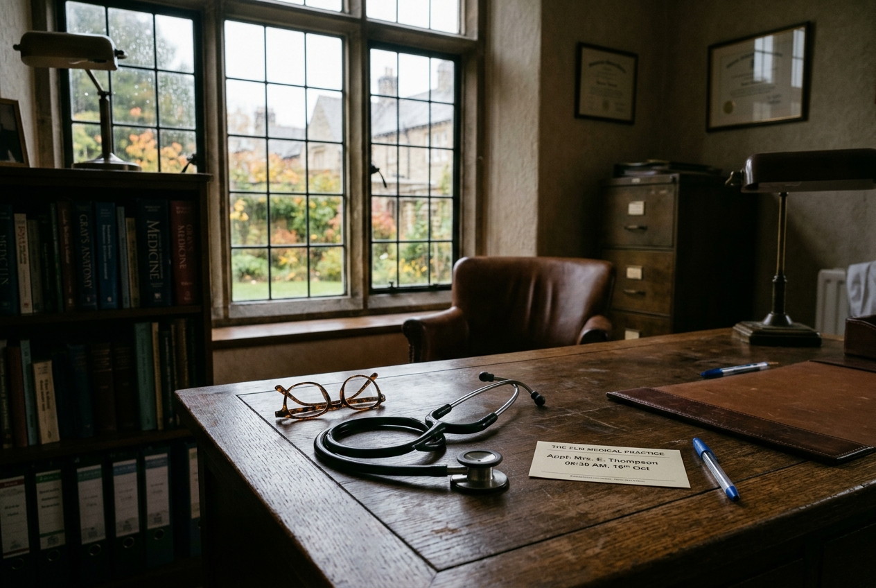 A doctor's consulting room with a stethoscope, glasses and appointment card on an oak desk