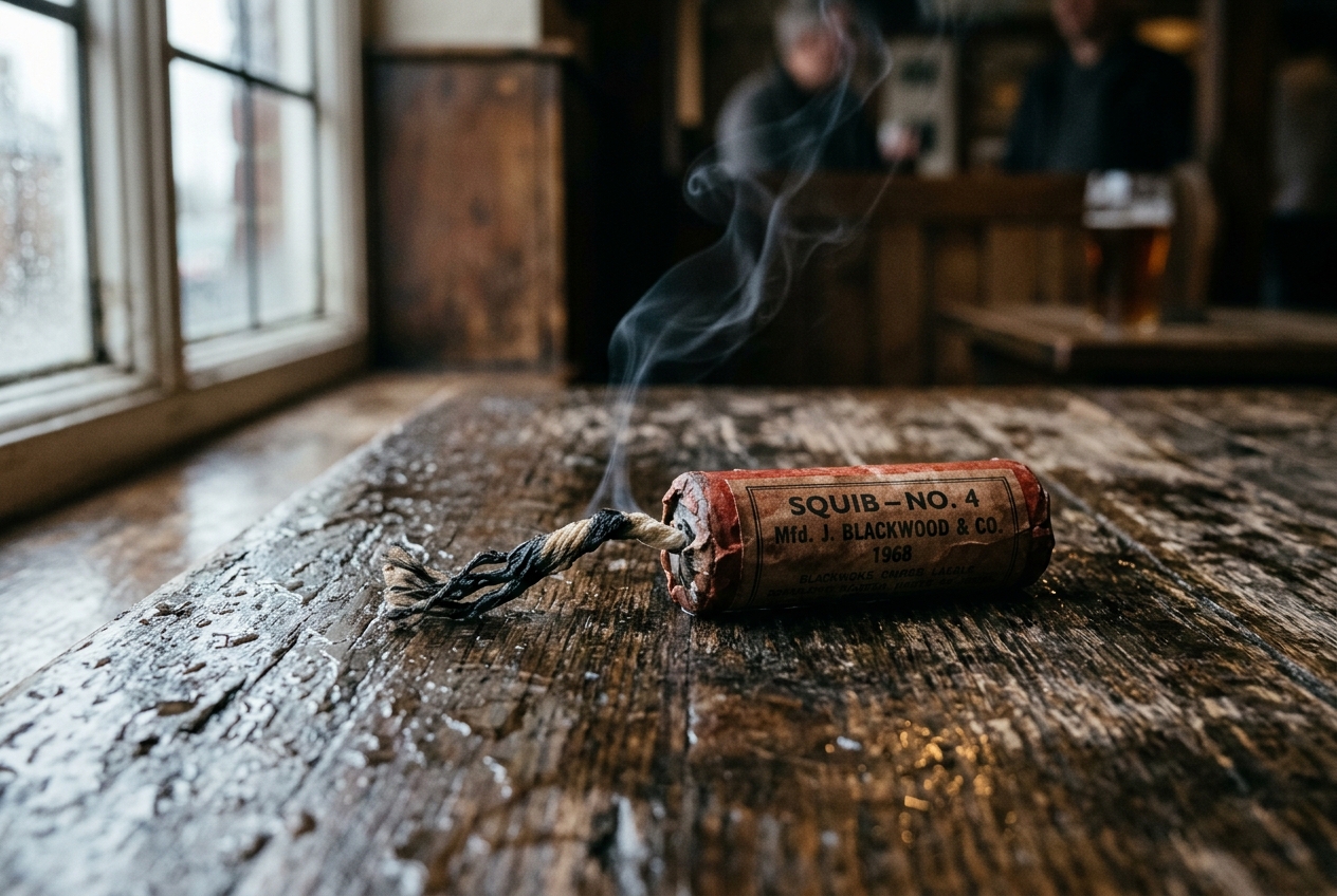 A vintage paper-wrapped squib firework fizzling out with a wisp of smoke on a rain-dampened wooden table