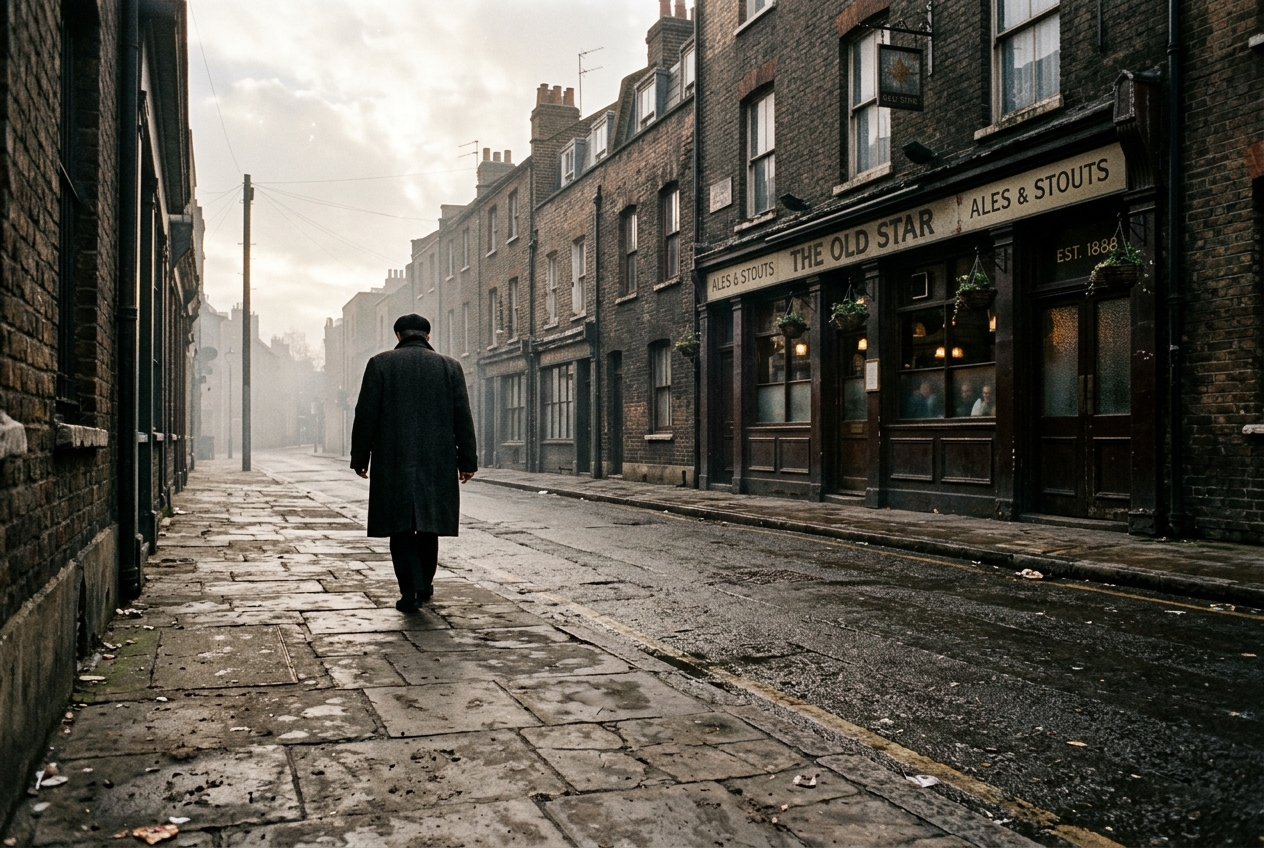 A solitary figure in a dark overcoat walking down an East End London street past a Victorian pub
