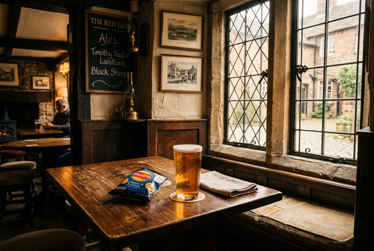 A pint of bitter on a polished wooden pub table with an opened snack bag in warm afternoon light