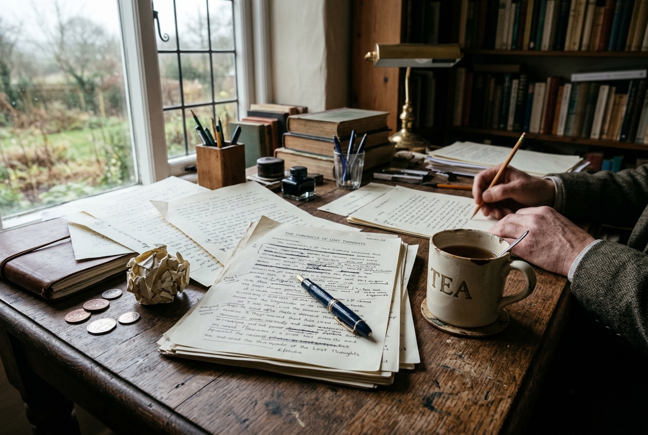 A writer's desk strewn with handwritten manuscript pages full of heavy ink cross-outs, a crumpled draft, and a mug of tea