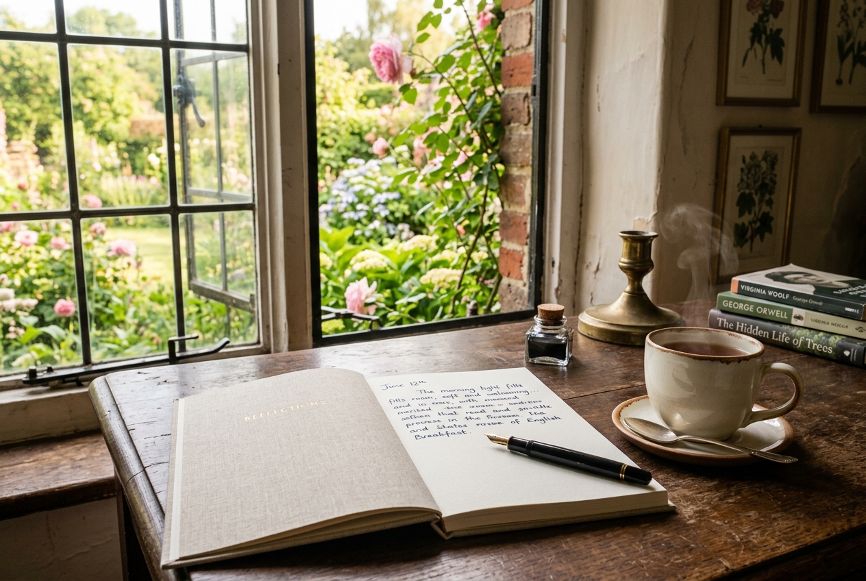 Writer's desk by an open window with notebook, pen, and hot mug of tea